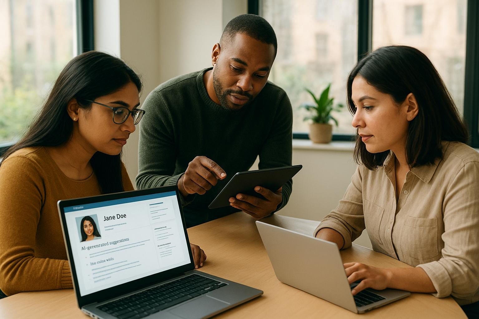 Three individuals collaborating in a modern office, utilizing AI tools to optimize their CVs with natural light illuminating the workspace.