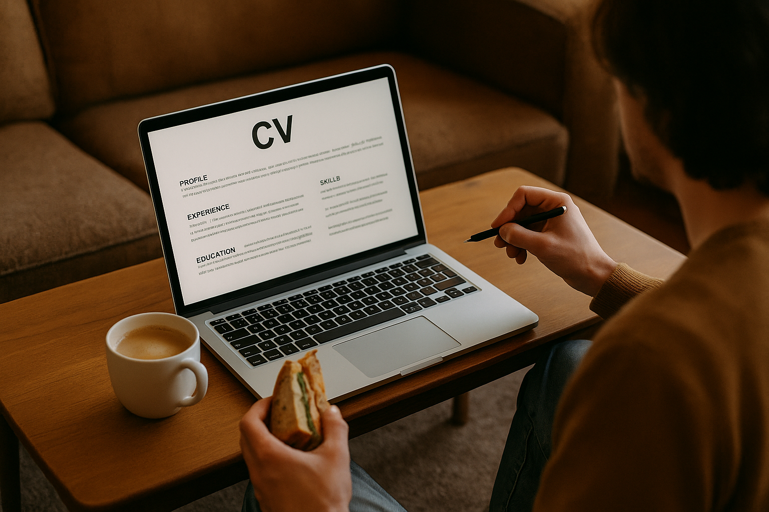 Person highlighting keywords on a printed job description while editing a CV on a laptop.