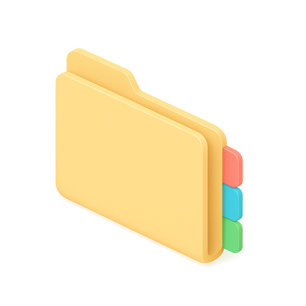 Slim isometric folder with three coloured tab dividers along its edge, plain, no text